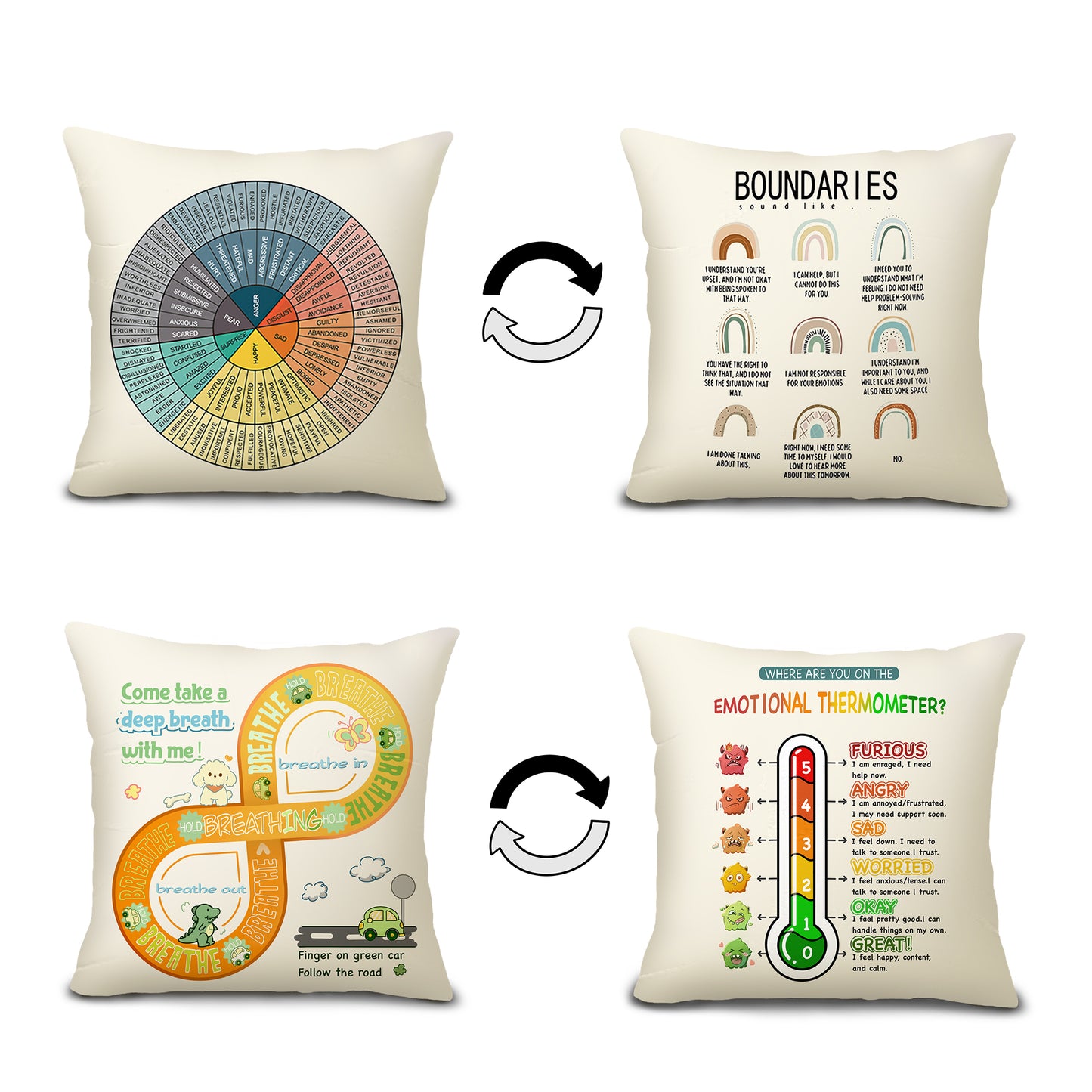 Ainrvteers Feelings Wheel Pillow Double-Sided Printed with Different Patterns of Feelings Wheel Pillowcase, Reading Corner Decor, Counseling Office Decor18 x18 (2, Beige 8)
