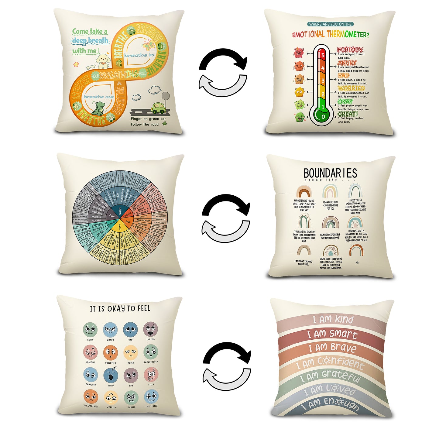 Feelings Wheel Pillow Double-Sided Printed with Different Patterns of Feelings Wheel Pillowcase, Reading Corner Decor, Counseling Office Decor18 x18 (3, Beige)