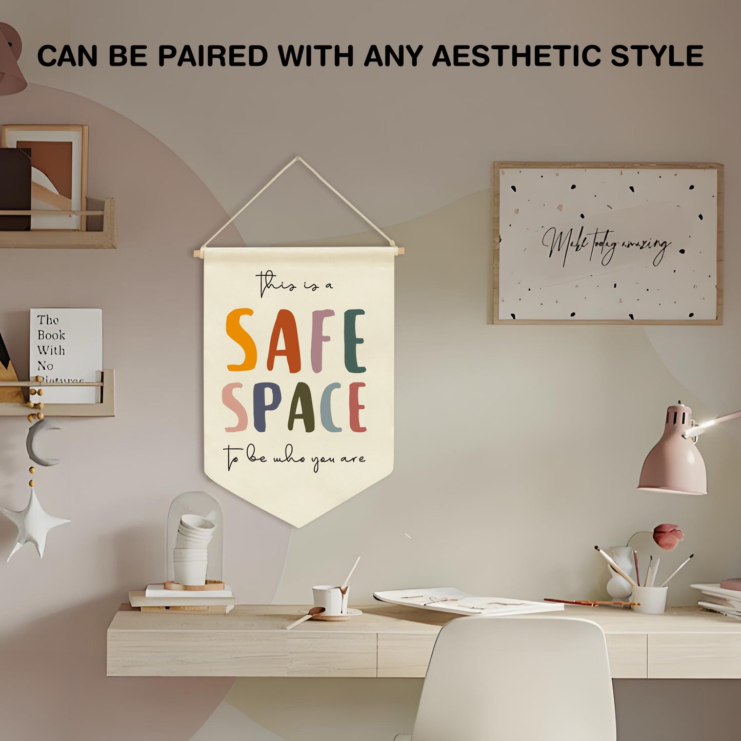 Ainrvteers Safe Space Wall Hanging, Therapy Office Wall Decor, Counseling Banner, School Counselor Office Wall Decor, Classroom Decor, Mental Health Banners, Sensory Room Must Haves (Classics)