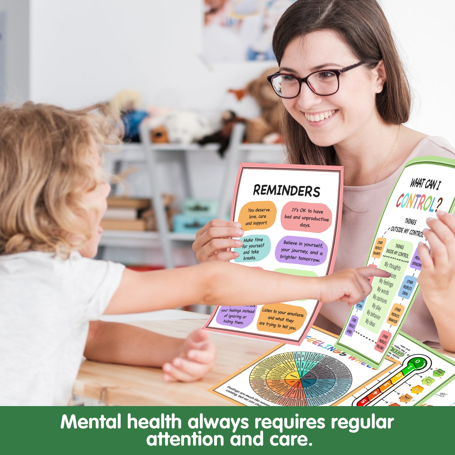 Ainrvteers Mental Health Posters,Counseling Office Decor With Feeling Wheel, Calm Down Corner Feelings Chart for Kids， Therapy Office Must Haves, Mental Health Decor