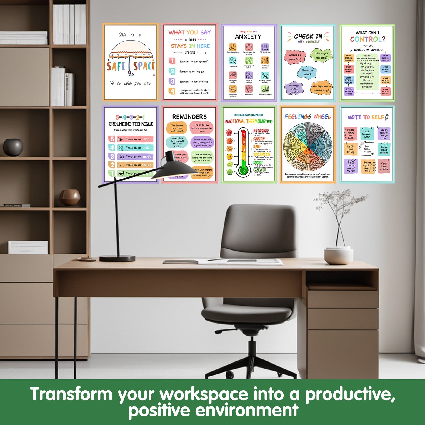 Ainrvteers Mental Health Posters,Counseling Office Decor With Feeling Wheel, Calm Down Corner Feelings Chart for Kids， Therapy Office Must Haves, Mental Health Decor