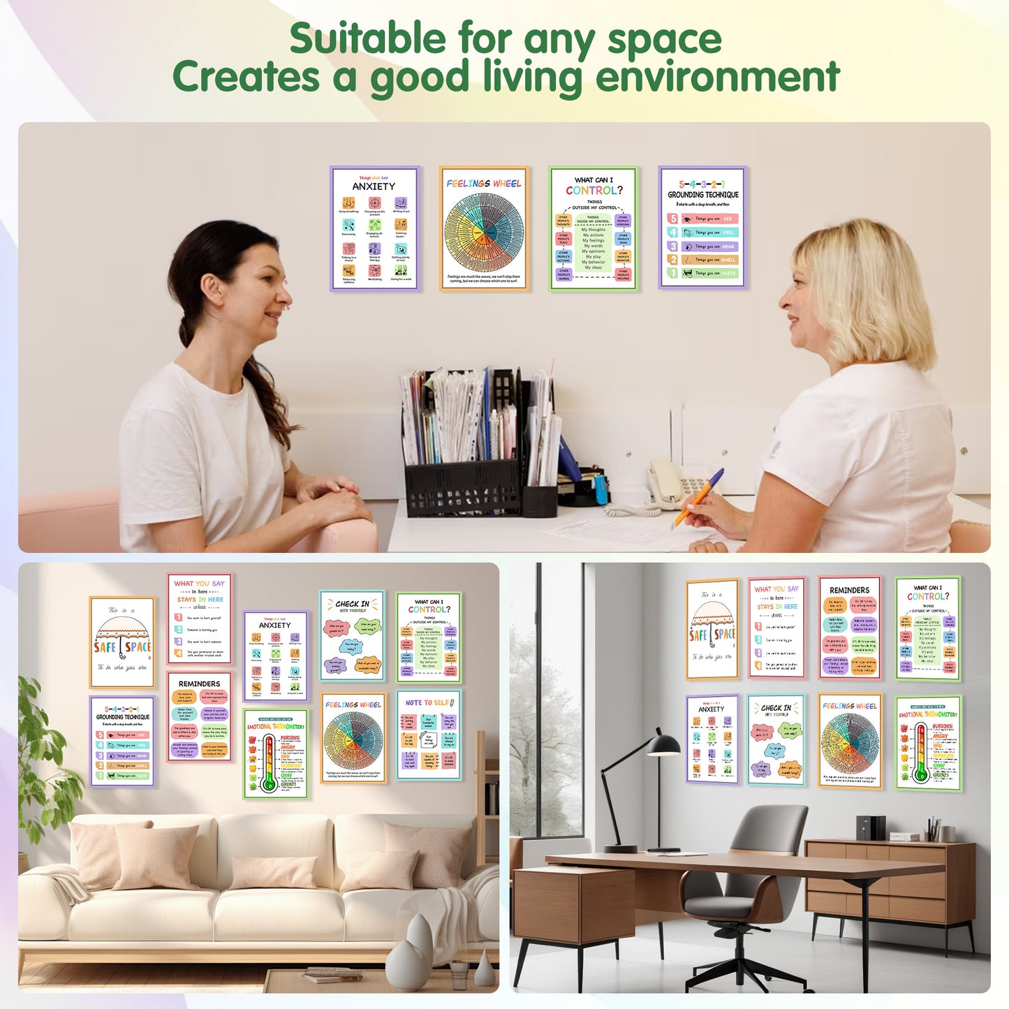 Ainrvteers Mental Health Posters,Counseling Office Decor With Feeling Wheel, Calm Down Corner Feelings Chart for Kids， Therapy Office Must Haves, Mental Health Decor